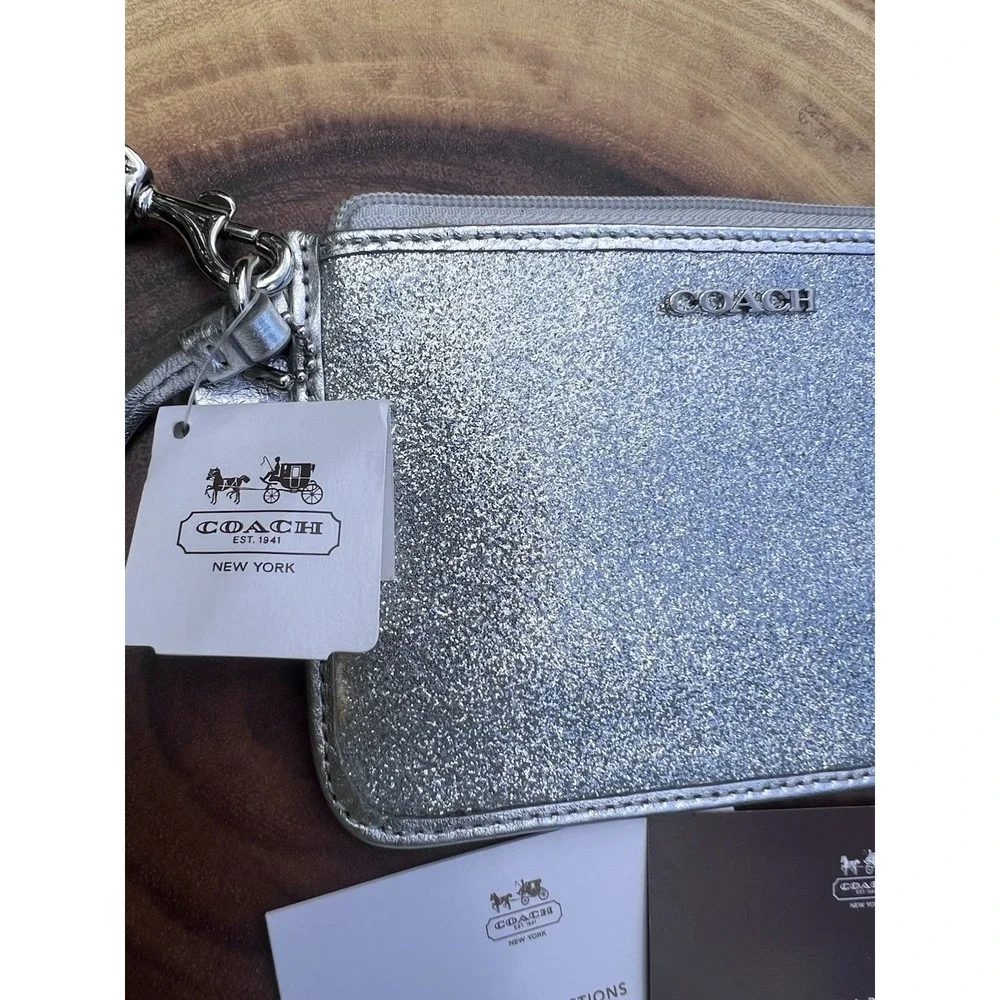 Coach Silver Metallic Glitter Leather Zip Legacy‎ Wristlet Clutch Phone Pouch
